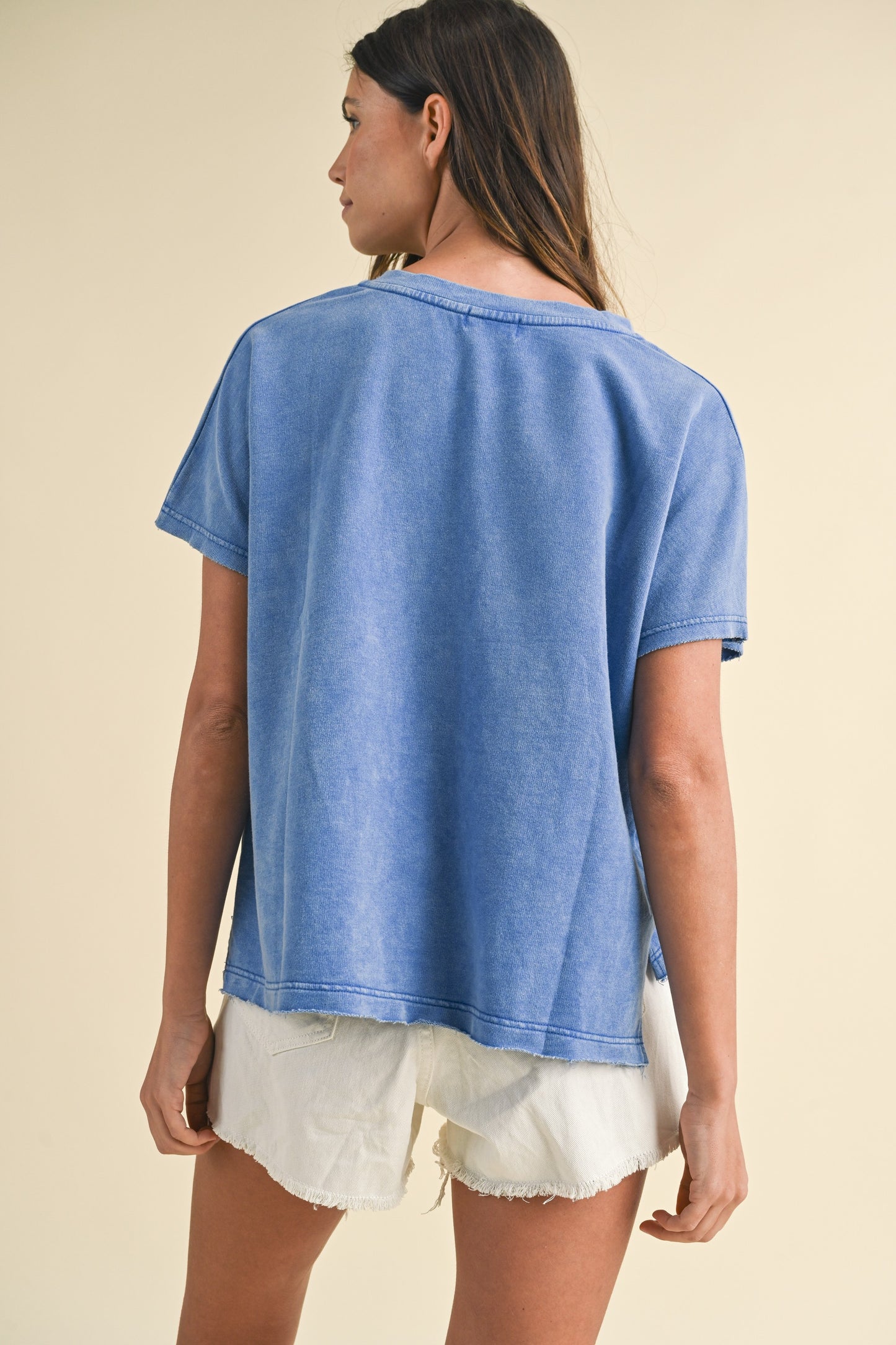 Mineral Washed Solid USA Patched Knit Top - Blue