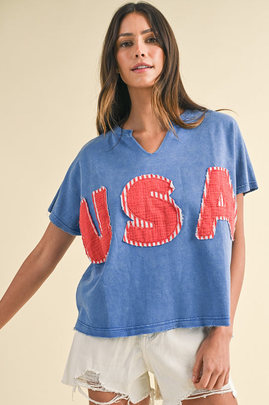 Mineral Washed Solid USA Patched Knit Top - Blue