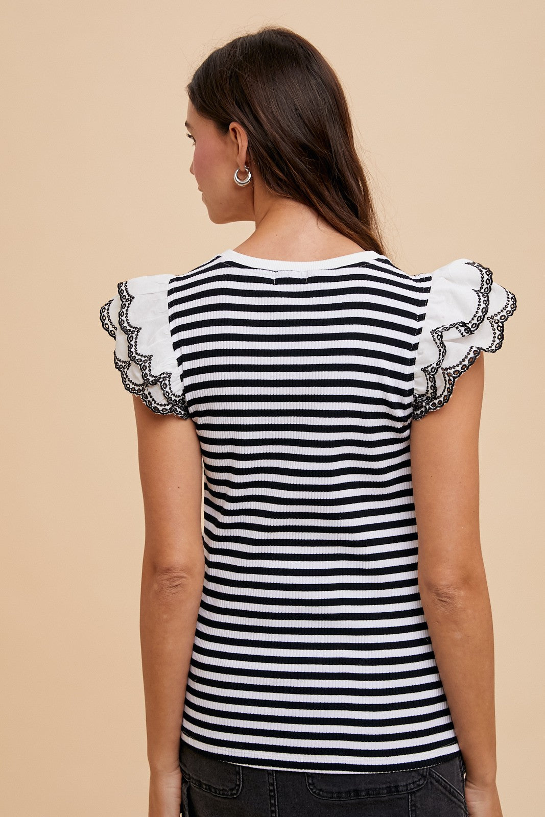 Eyelet Double Ruffle Sleeve Stripe Knit Top