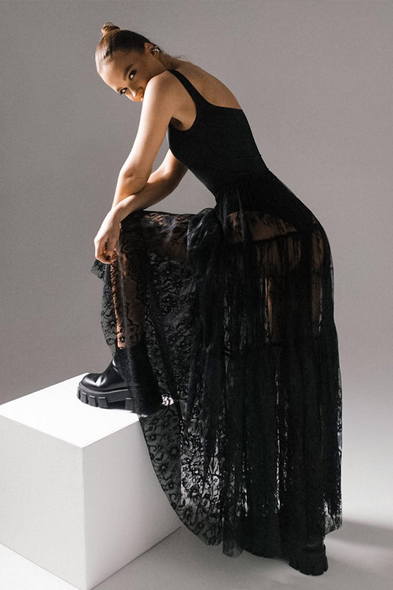 Lace Sheer Mesh Maxi Skirt - Black