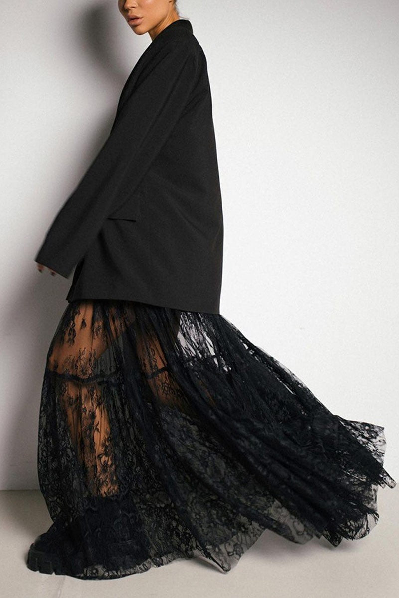 Lace Sheer Mesh Maxi Skirt - Black