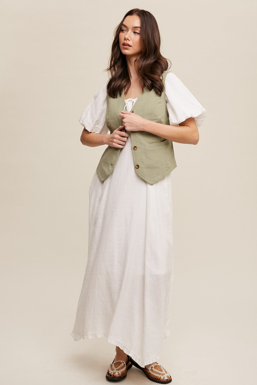 Fitted Linen Vest with Pockets