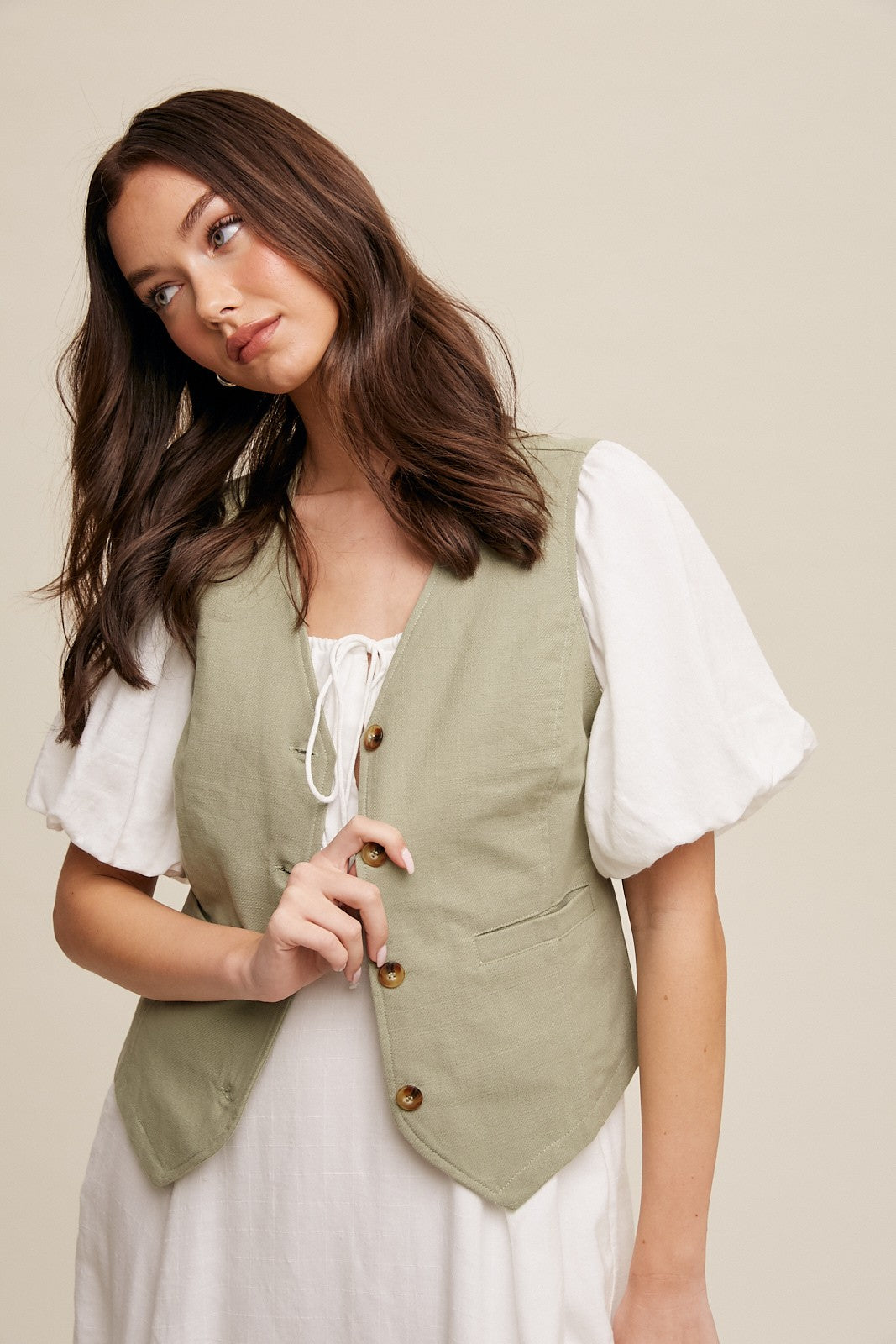 Fitted Linen Vest with Pockets