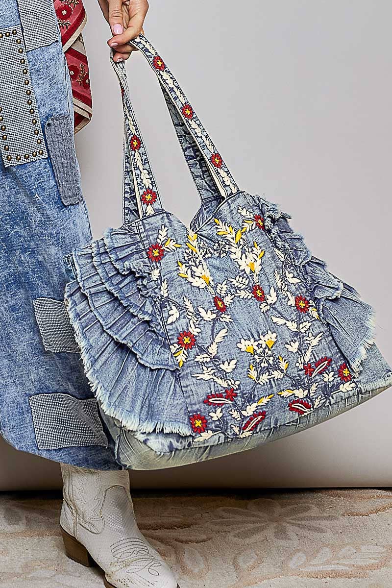 Vintage Wash Embroidered Ruffle Denim Tote Bag