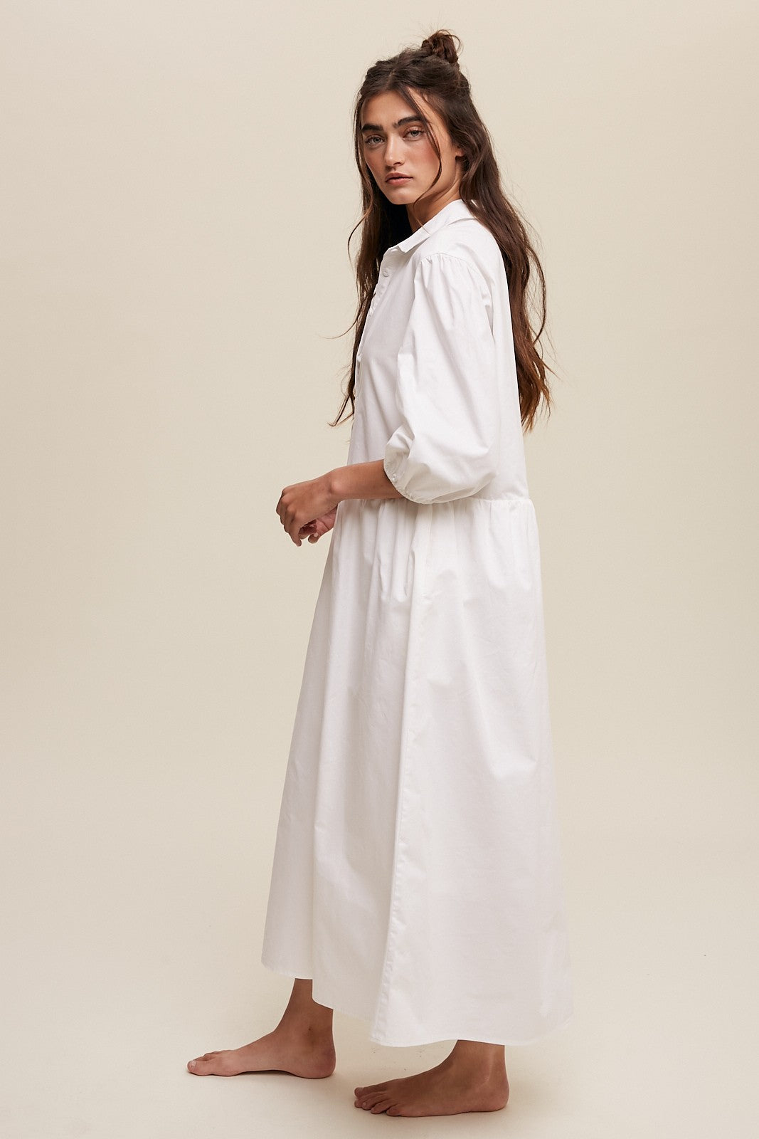 Button Up Puff Sleeve Babydoll Maxi Dress