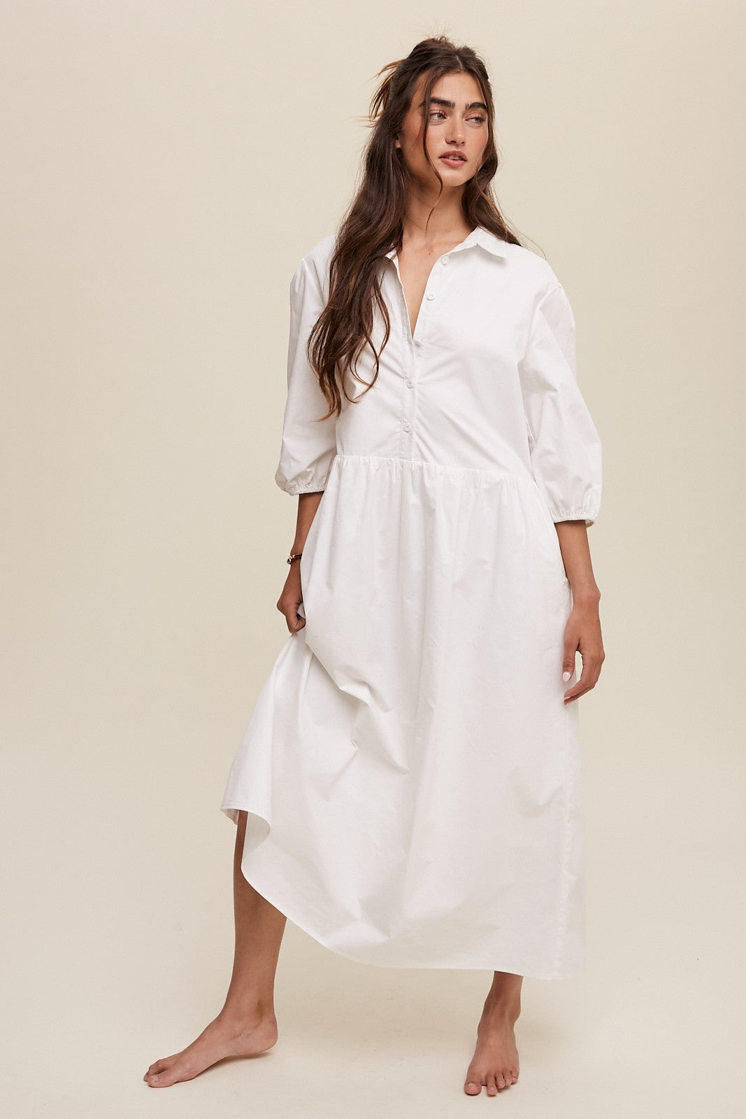 Button Up Puff Sleeve Babydoll Maxi Dress