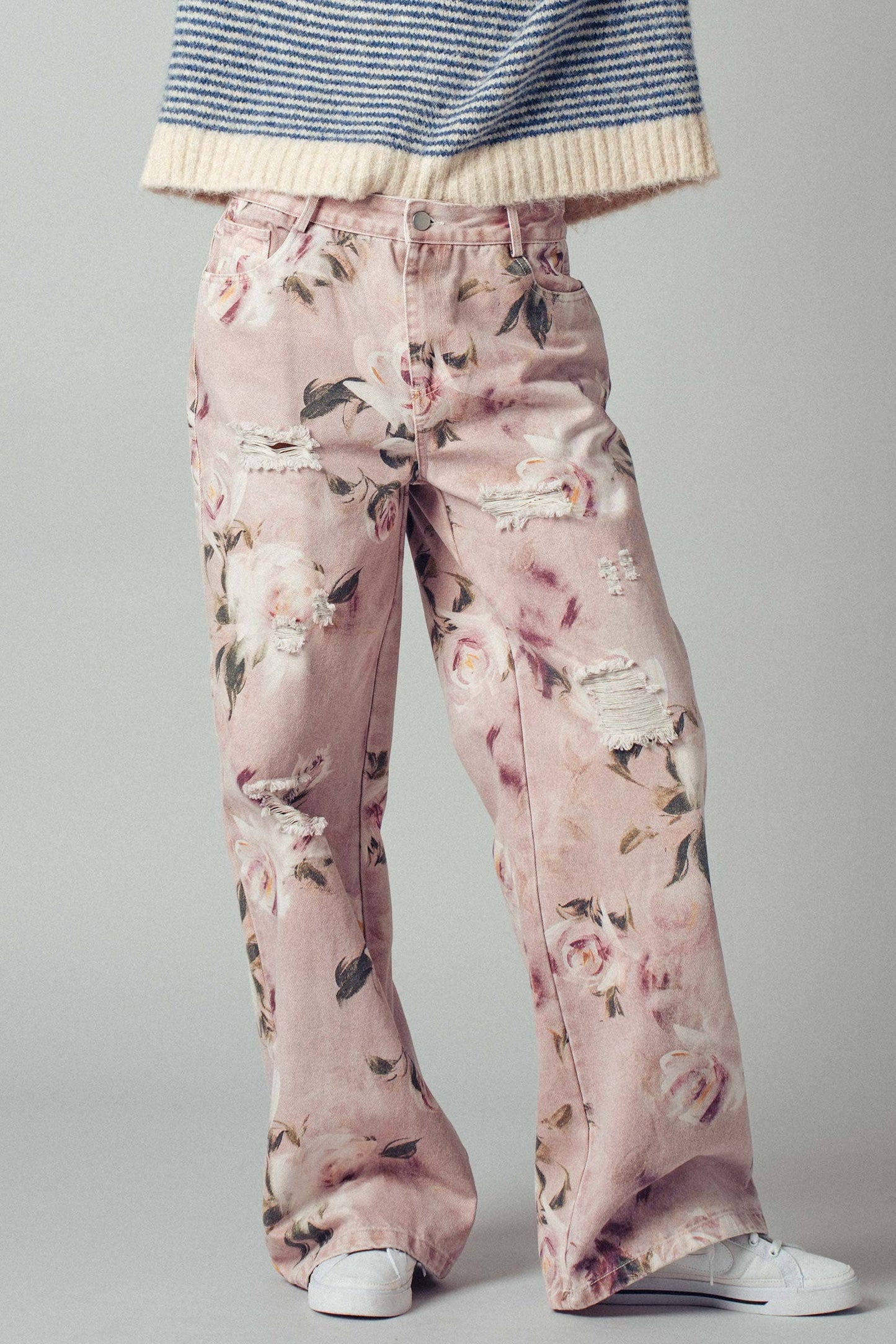 Romantic Rose Print High-Rise Denim Pants