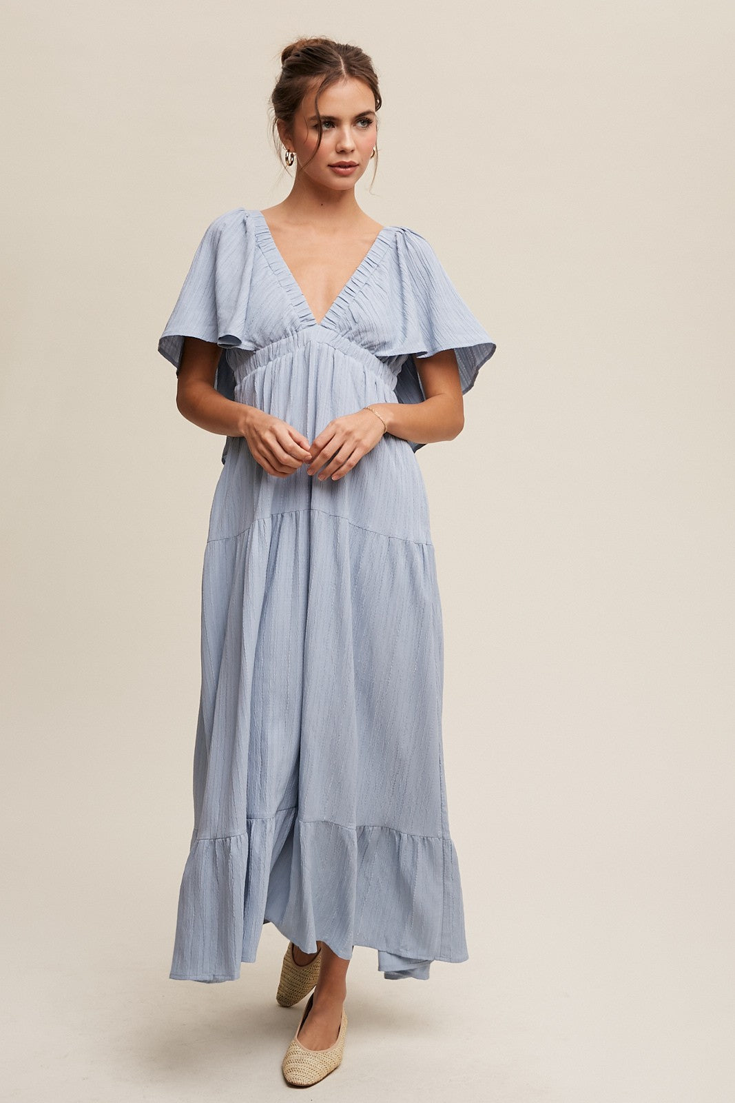 V-neck Ruffle Sleeve Flowy Dress - Lt. Blue