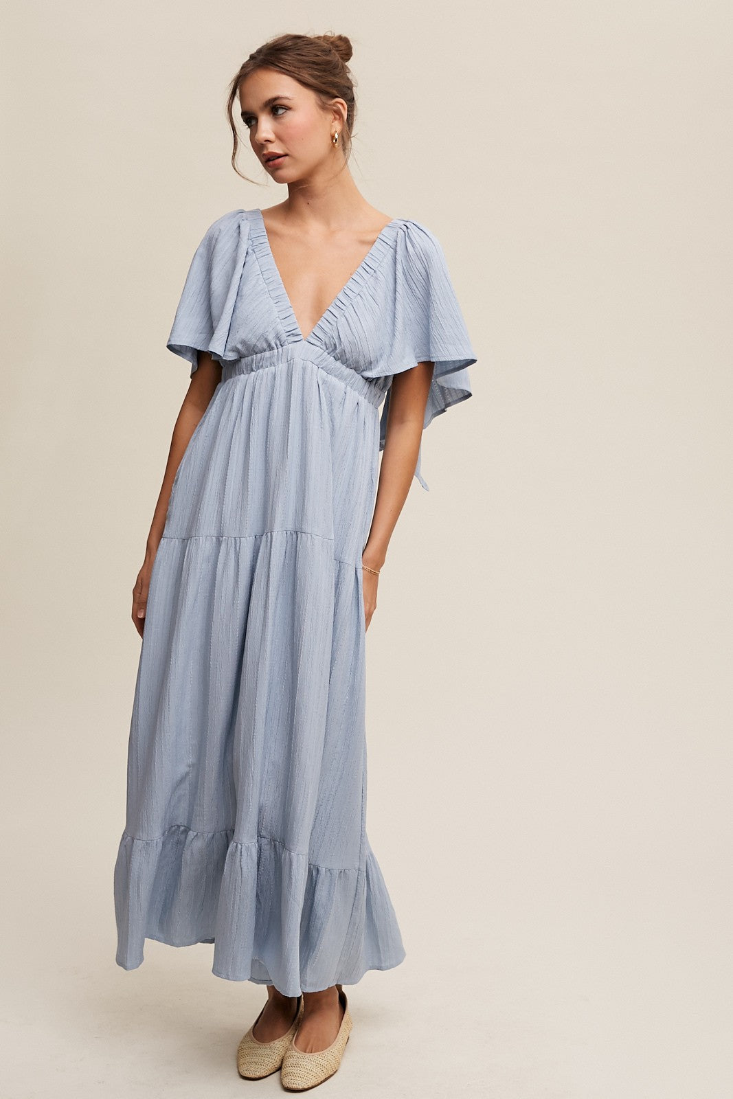 V-neck Ruffle Sleeve Flowy Dress - Lt. Blue