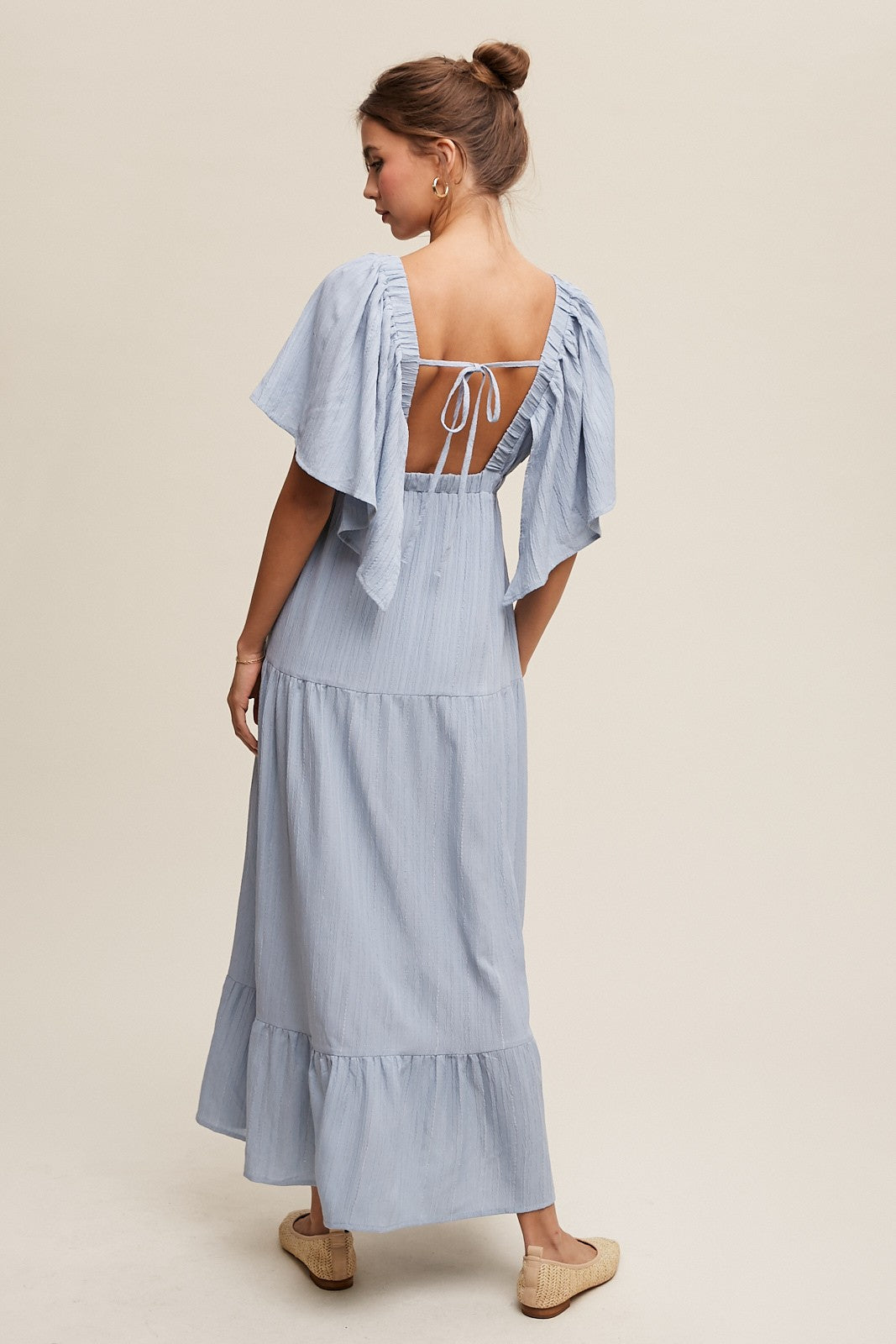 V-neck Ruffle Sleeve Flowy Dress - Lt. Blue