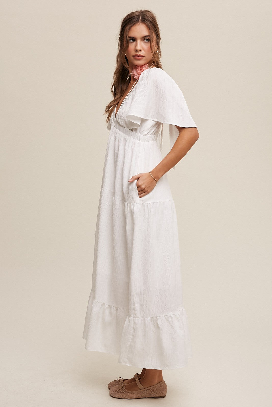 V-neck Ruffle Sleeve Flowy Dress - Cream