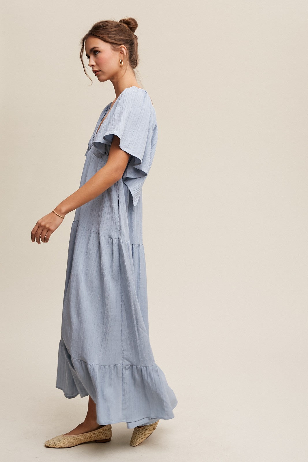 V-neck Ruffle Sleeve Flowy Dress - Lt. Blue