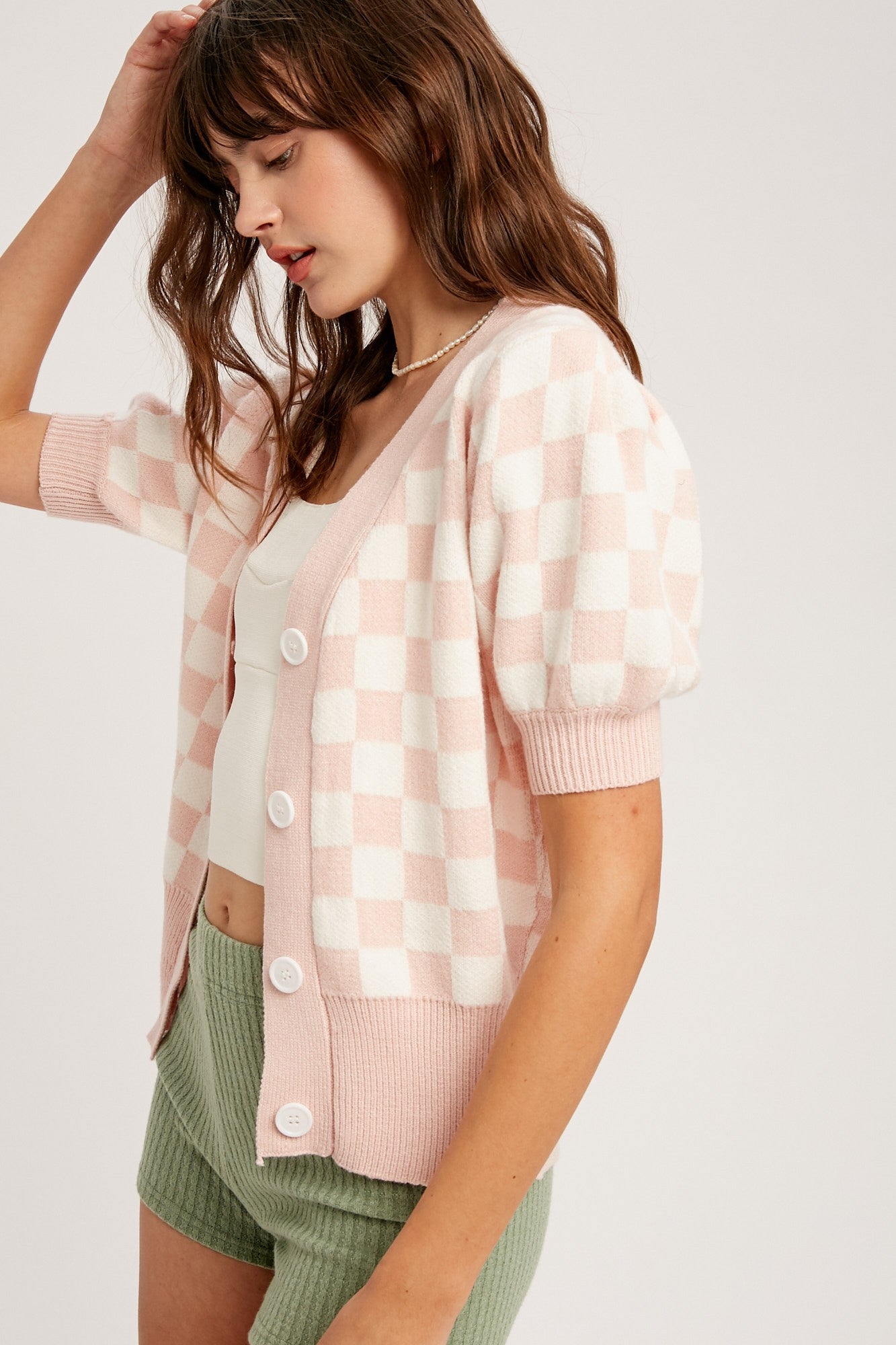 Gingham Lovey Dovey Sweater Cardigan - Blush