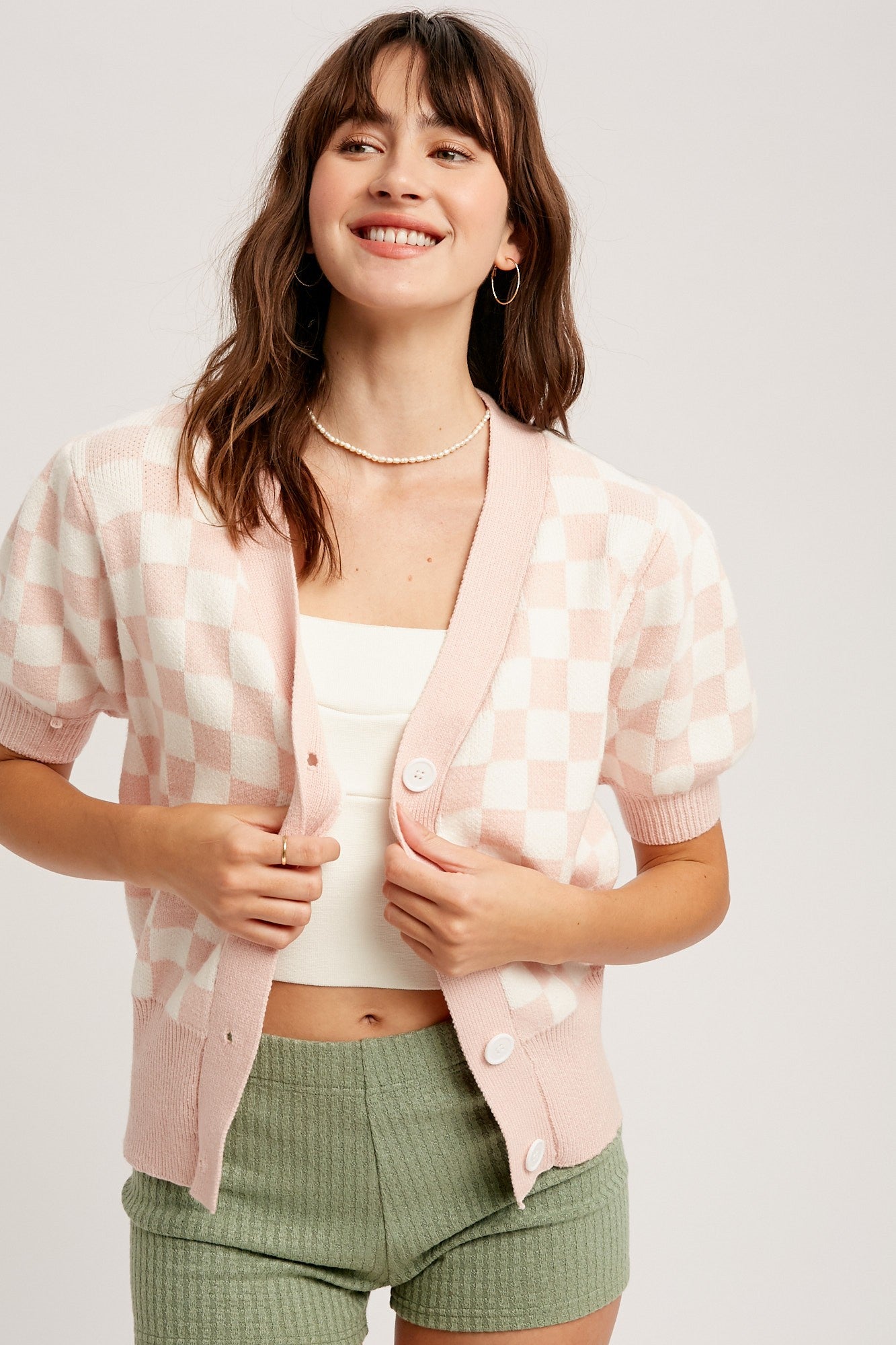 Gingham Lovey Dovey Sweater Cardigan - Blush