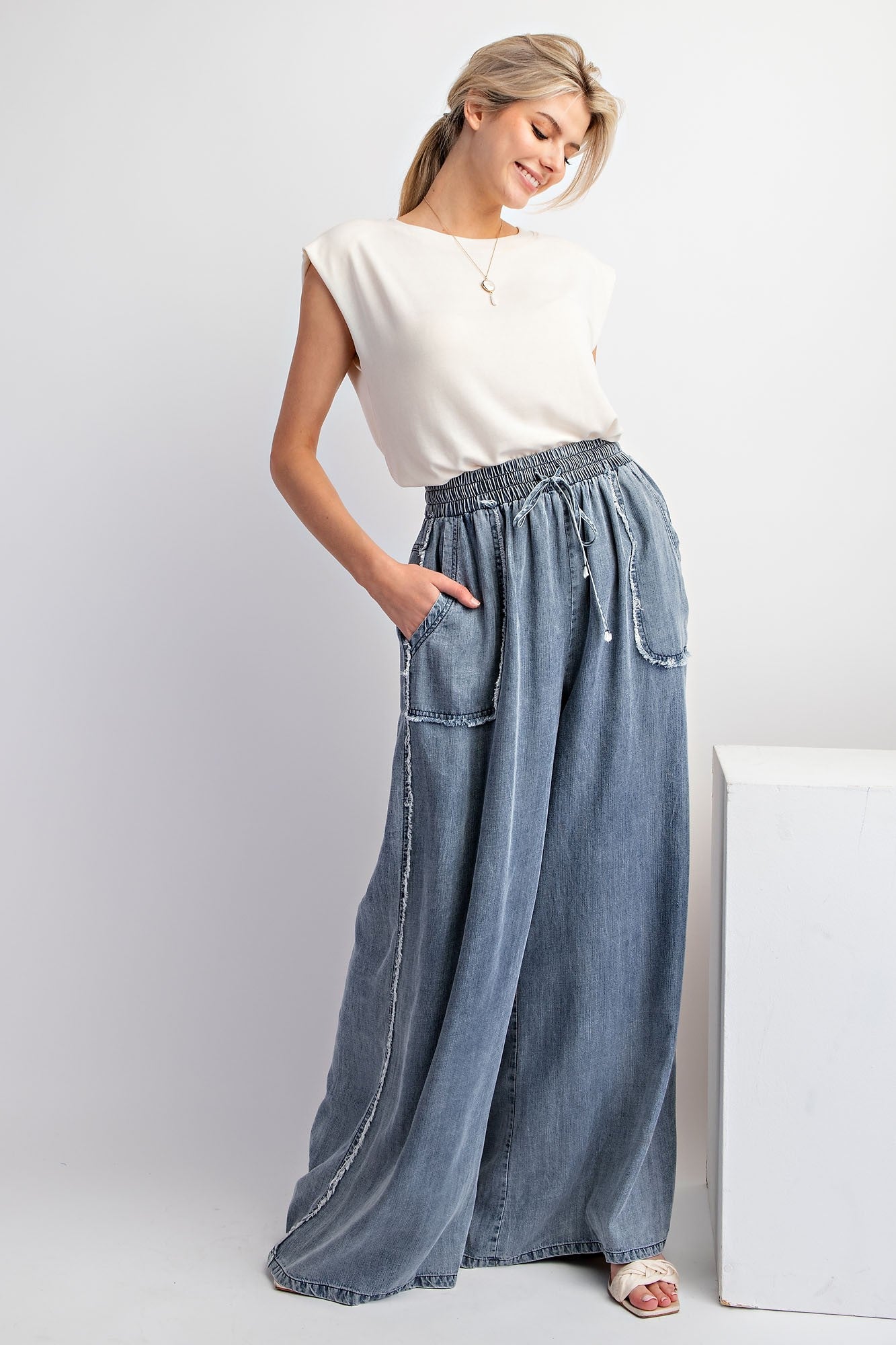 Washed Chambray Palazzo Pants