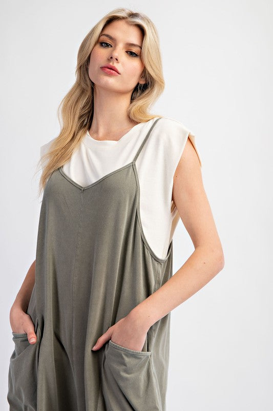 Mineral Washed Cotton Span Jumpsuit - Olive Grey