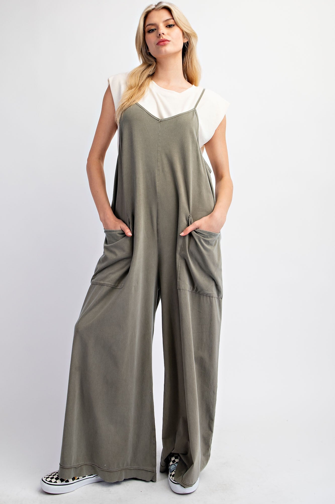 Mineral Washed Cotton Span Jumpsuit - Olive Grey