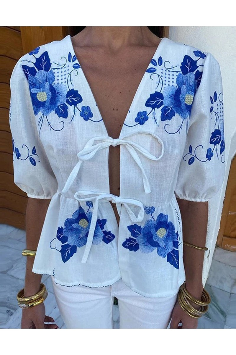 Floral Tie Front Top - Blue Floral