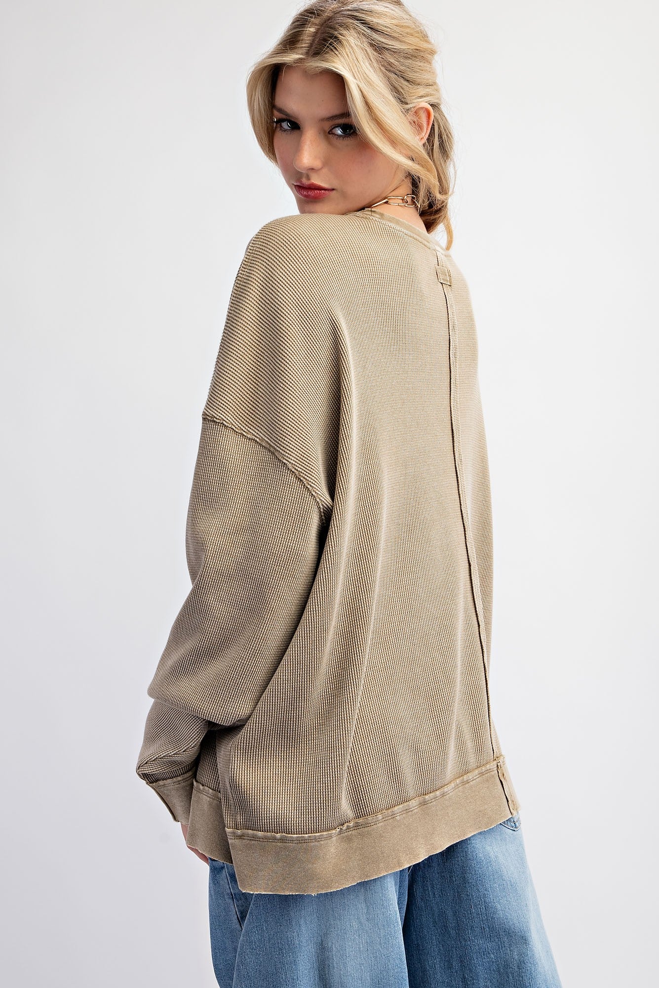 Mineral Washed Thermal Knit Top - Faded Olive