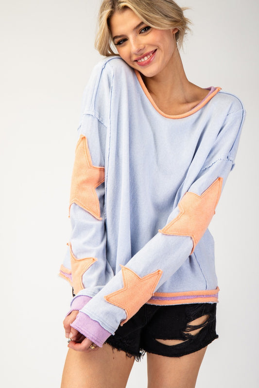 Mineral Washed Star Embroidered Top - Perwinkle