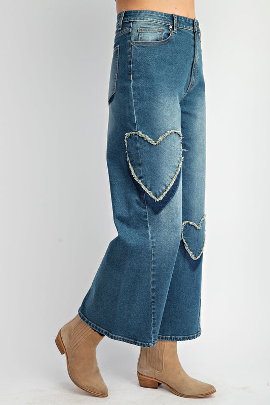 Heart Patch Washed Stretch Denim Pants