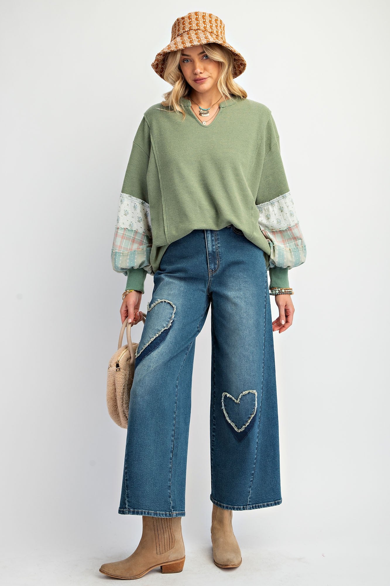 Heart Patch Washed Stretch Denim Pants