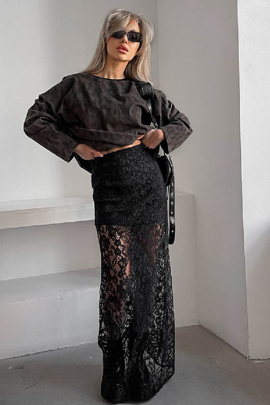 Sheer Lace Maxi Skirt - Black