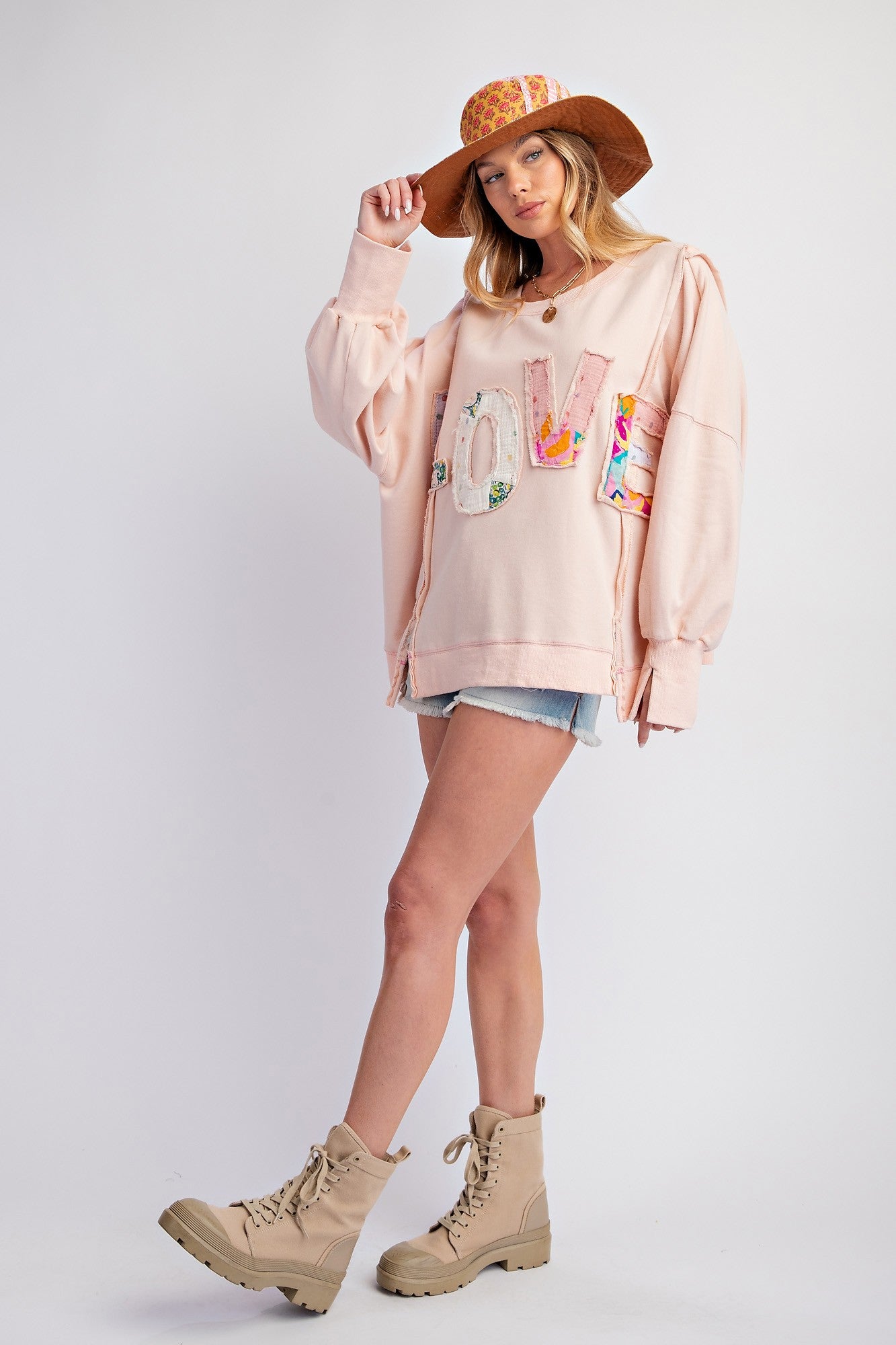 Plus Size Love Patch Terry Knit Pullover - Blush