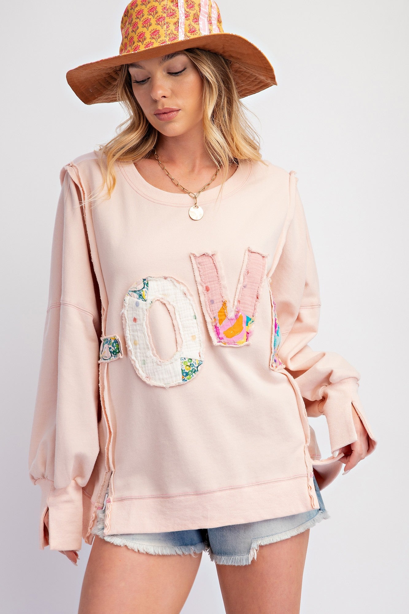 Plus Size Love Patch Terry Knit Pullover - Blush