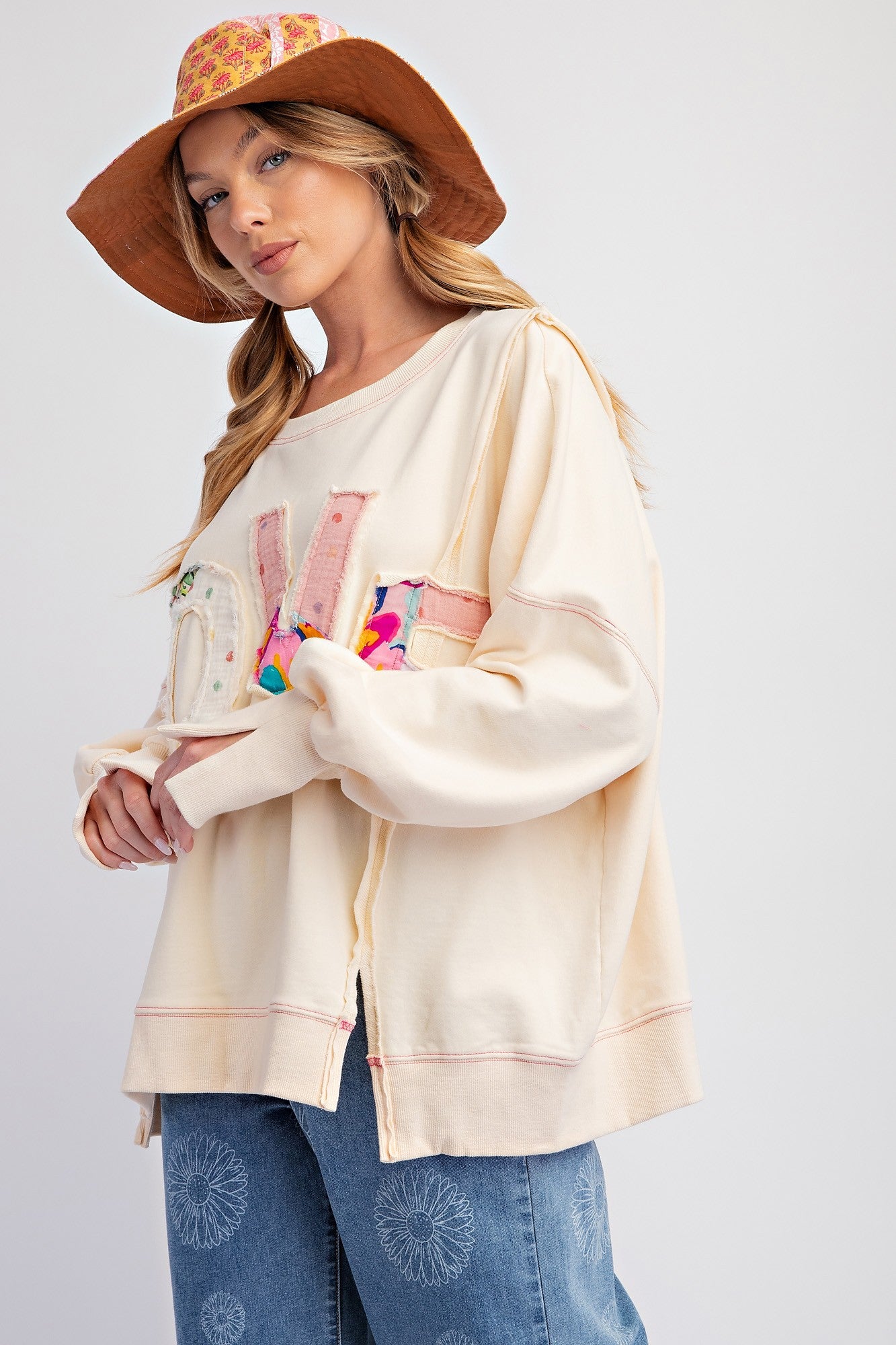 Plus Size Love Patch Terry Knit Pullover - Ivory