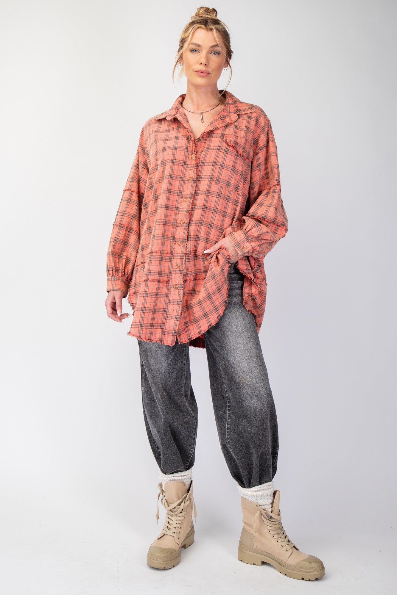 Curvy Girl Mineral Washed Plaid Shirt