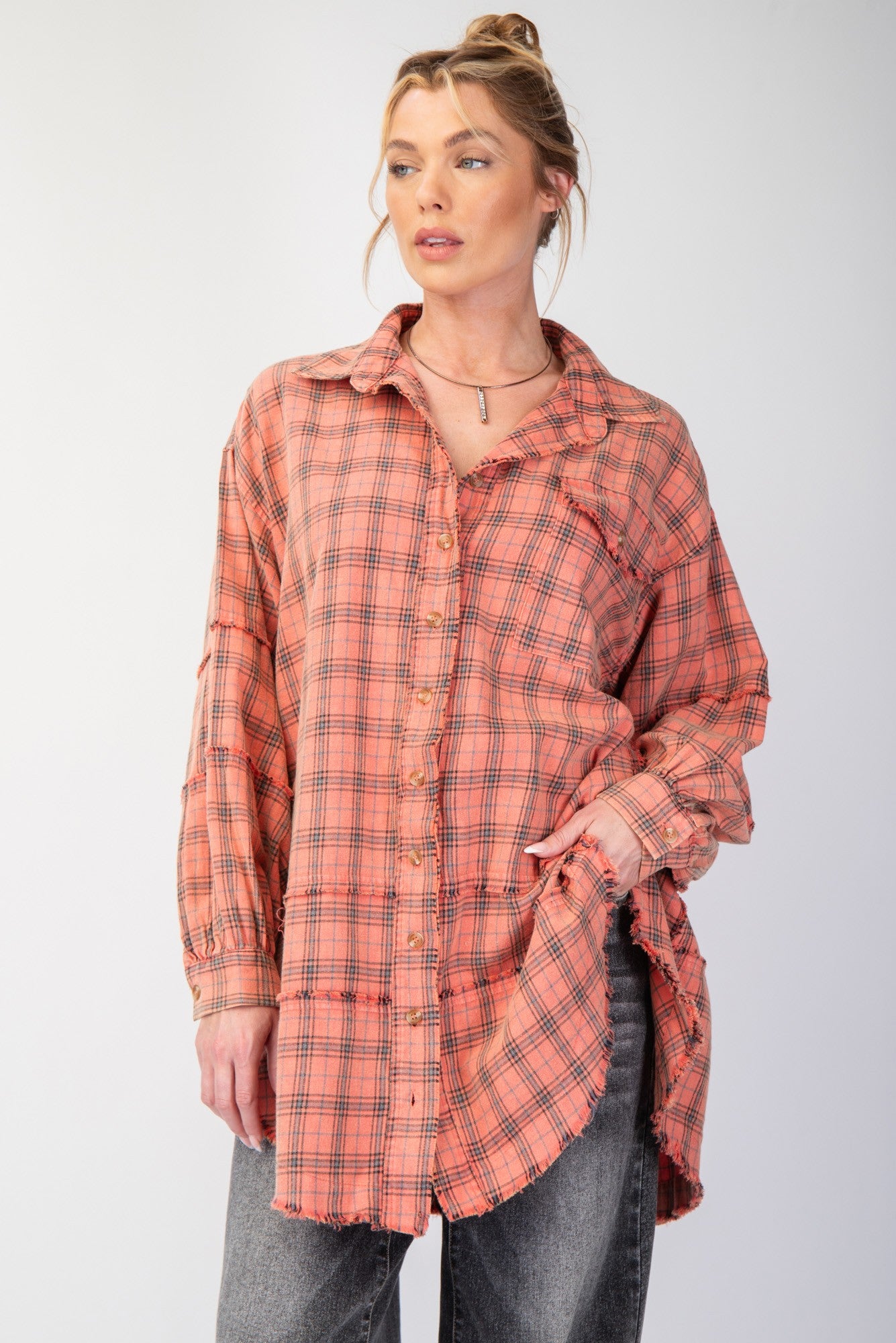 Curvy Girl Mineral Washed Plaid Shirt