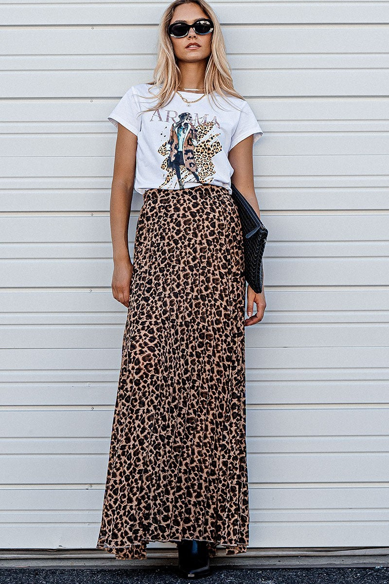 Leopard Print Pleated Mid Skirt