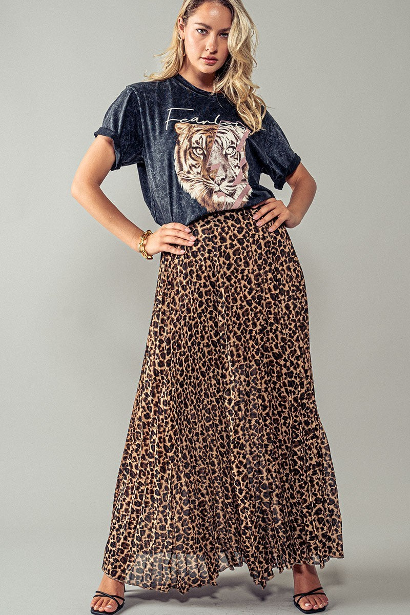 Leopard Print Pleated Mid Skirt