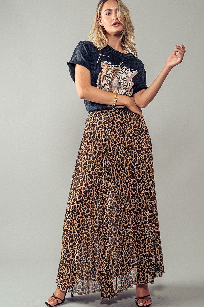 Leopard Print Pleated Mid Skirt