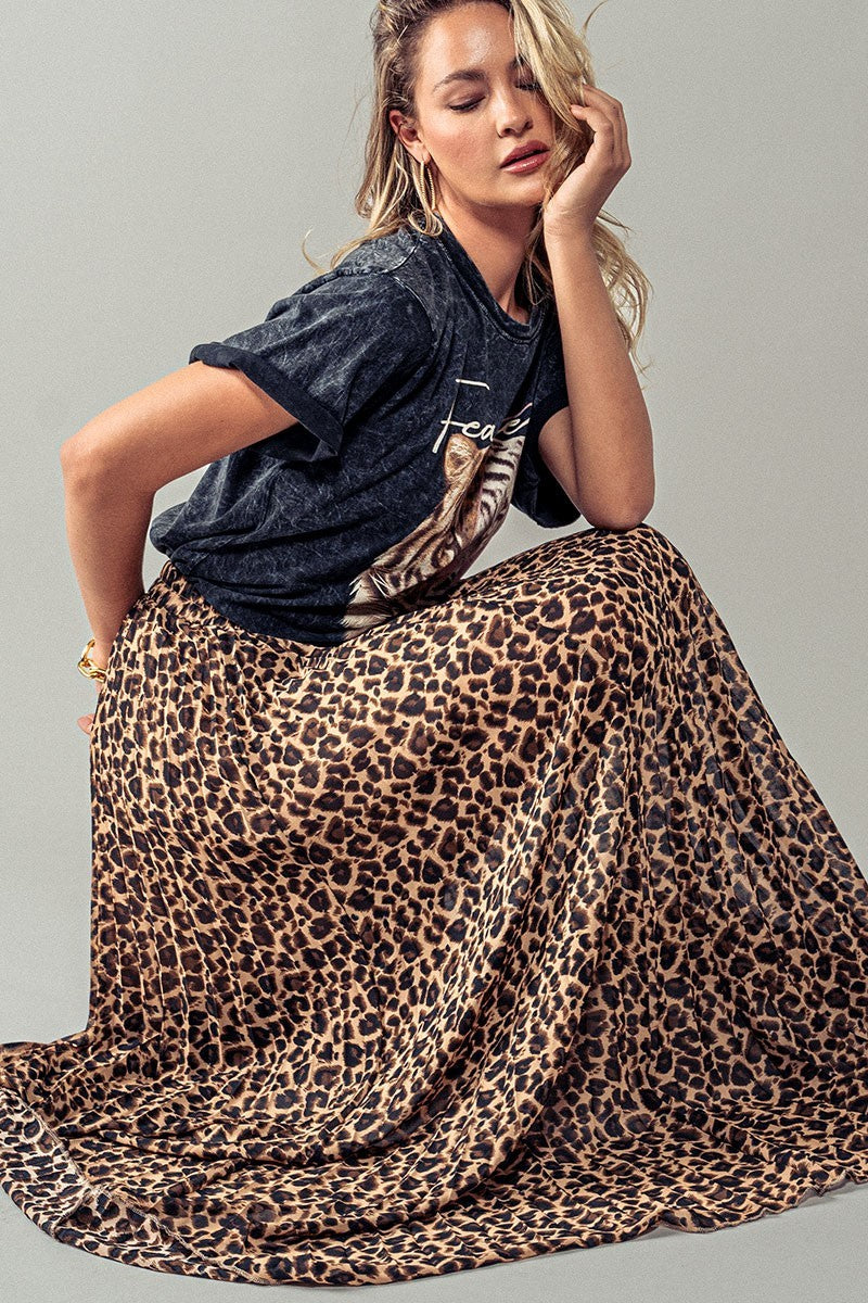 Leopard Print Pleated Mid Skirt