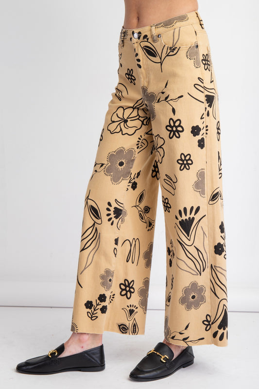 Printed Washed Twill Wide Pants