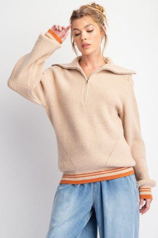 Zipper Front Knit Sweater Pullover - Khaki