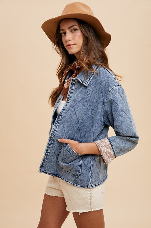 Contrast Lining Quilted Padding Denim Jacket