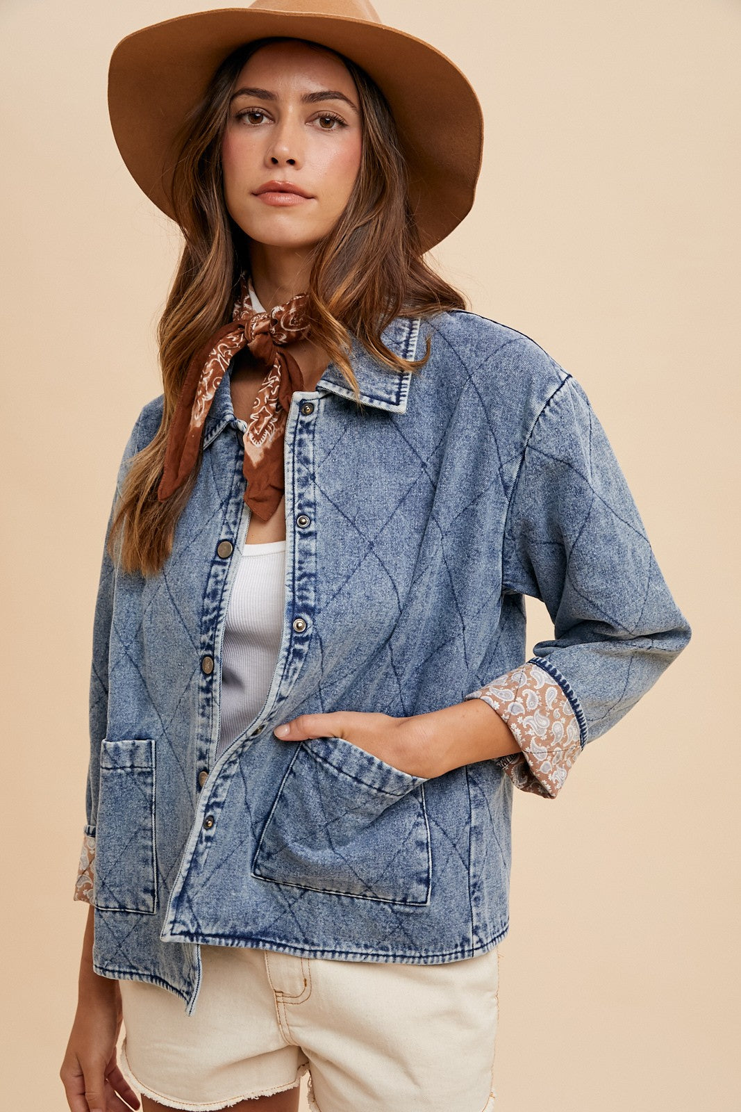 Contrast Lining Quilted Padding Denim Jacket