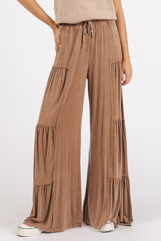 Mineral Washed Tiered Wide Leg Pants - Cappuccino