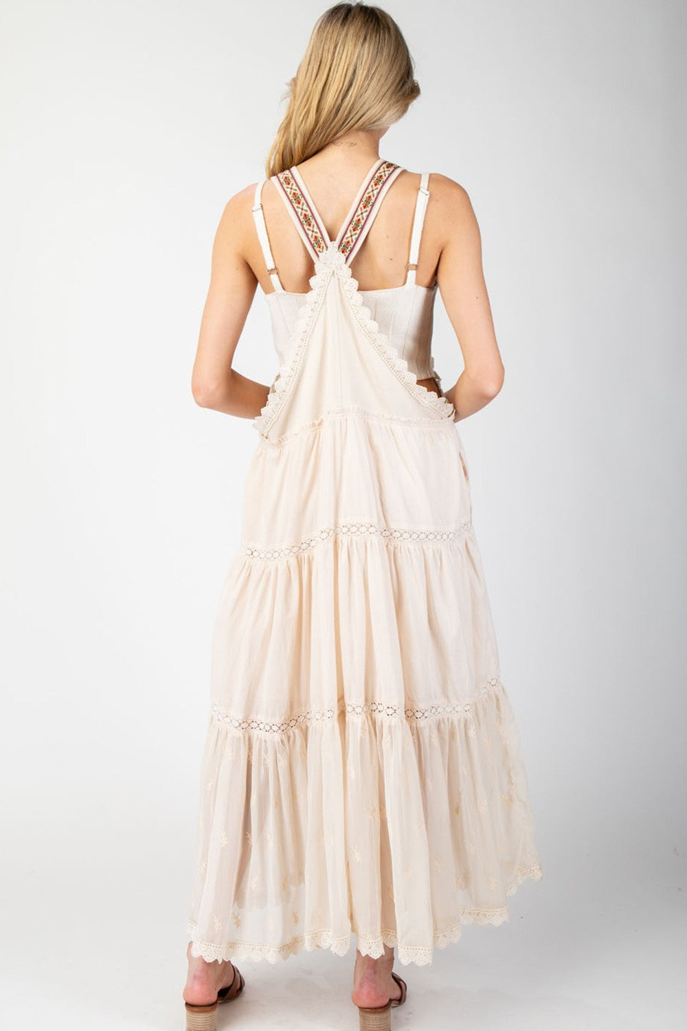 Lace Trim Tiered Overall Maxi Dress - Oatmeal