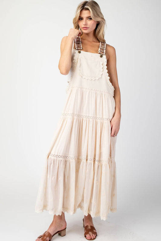 Lace Trim Tiered Overall Maxi Dress - Oatmeal