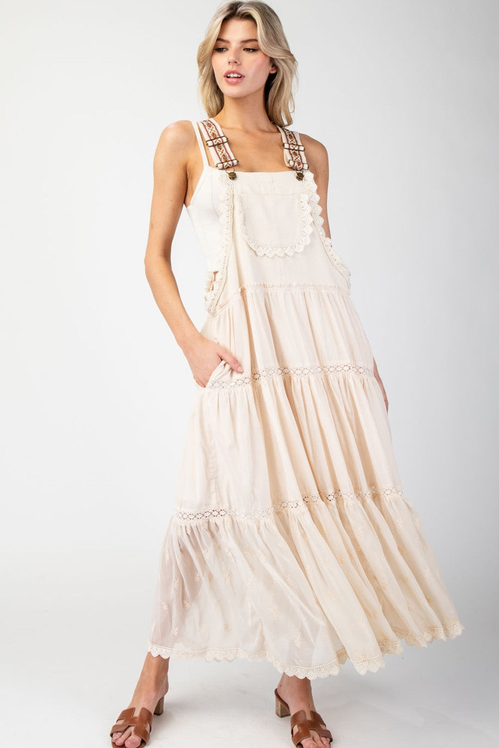 Lace Trim Tiered Overall Maxi Dress - Oatmeal