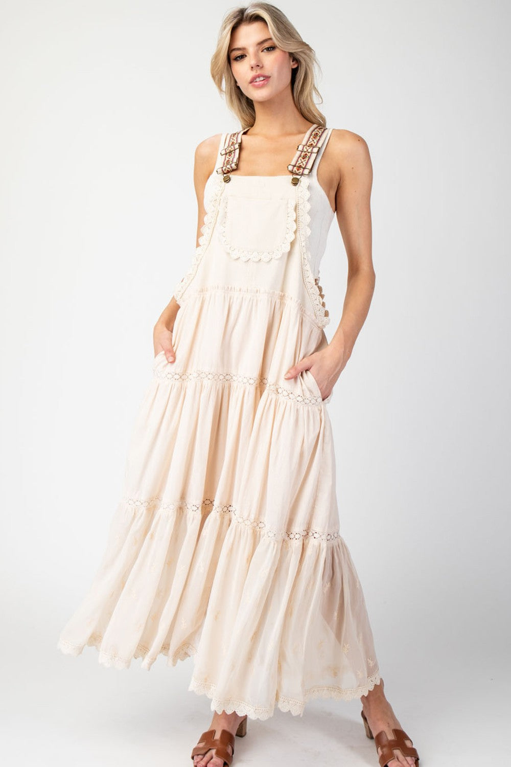 Lace Trim Tiered Overall Maxi Dress - Oatmeal