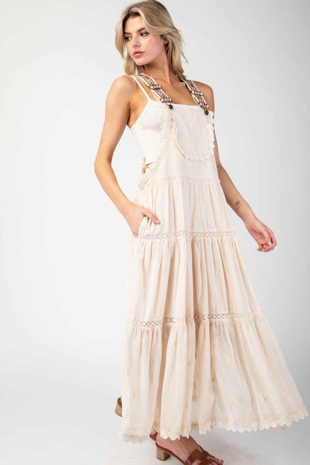 Lace Trim Tiered Overall Maxi Dress - Oatmeal