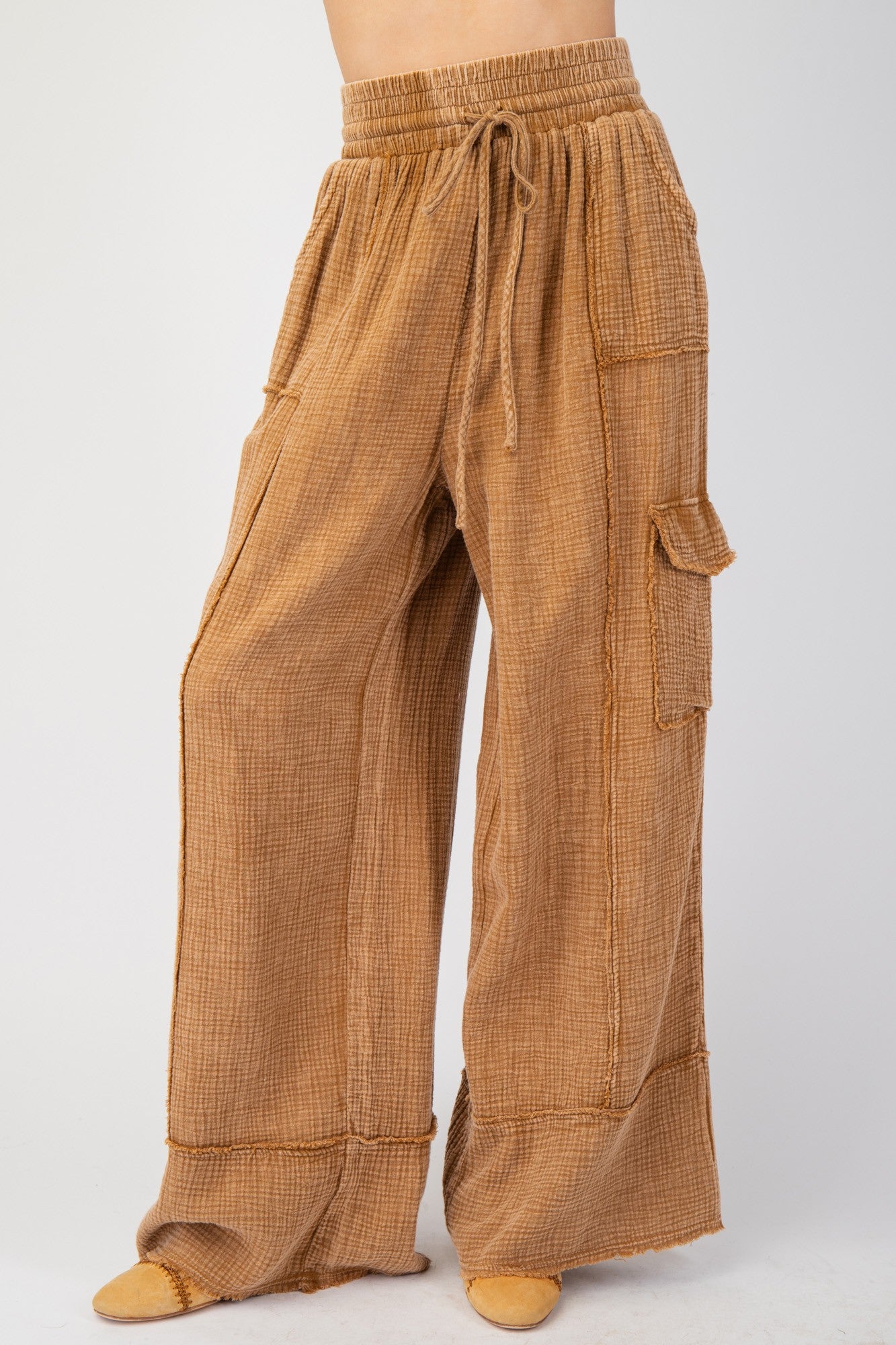 Cotton Gauze Mineral Washed Pants - Camel