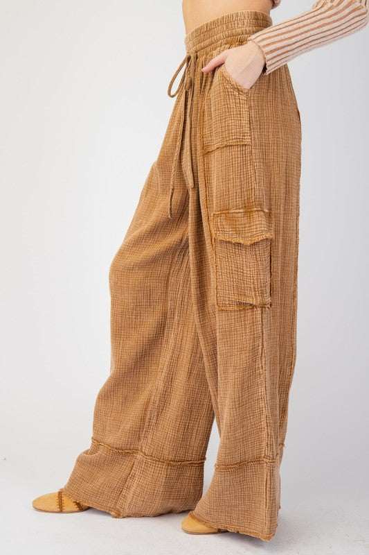 Cotton Gauze Mineral Washed Pants - Camel