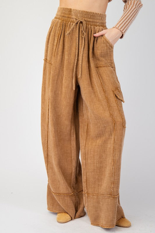 Cotton Gauze Mineral Washed Pants - Camel