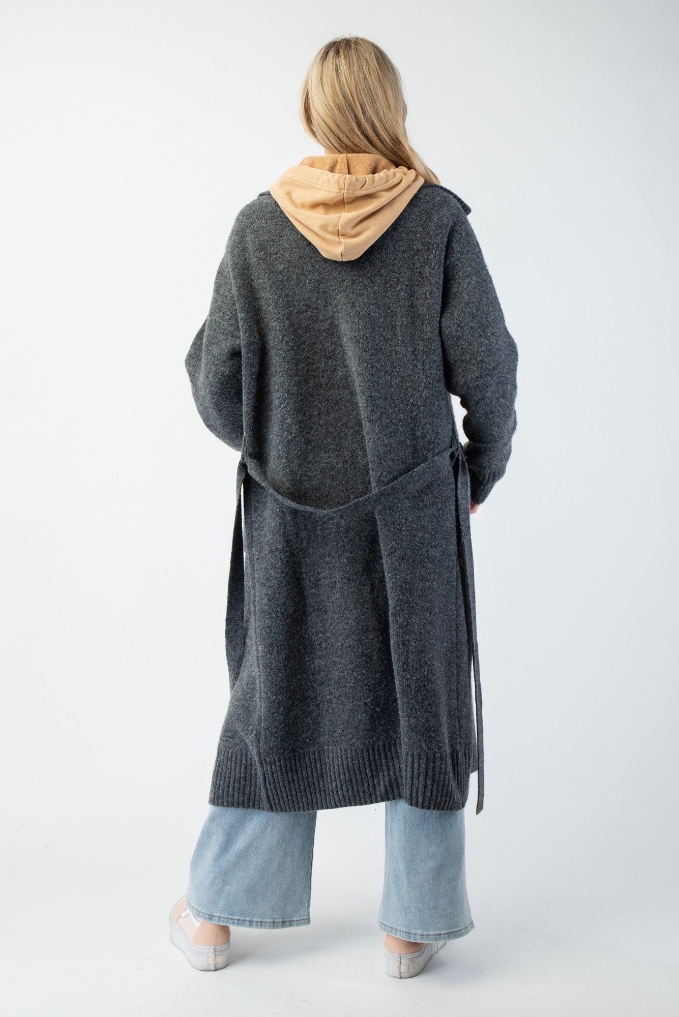 Tie Waist Maxi Knit Cardigan - Charcoal